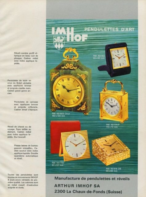 Imhof Clock Company Arthur Imhof S.A. Vintage 1968 Swiss Ad Suisse Advert Horlogerie
