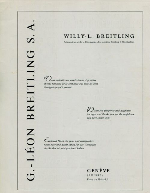 Breitling Watch Company 1956 Swiss Ad Wishing You Prosperity + Happiness for 1957