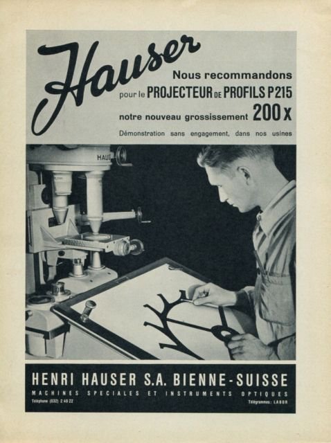 1956 Henri Hauser Machine Company Vintage 1956 Swiss Ad Suisse Advert Optiques Bienne Switzerland