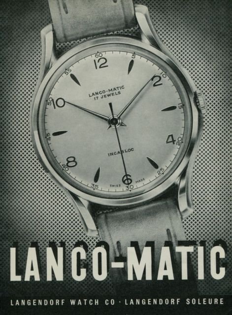 1950 Langendorf Watch Company Lanco-Matic Watch Co. Switzerland Vintage 1950 Swiss Ad Suisse Advert