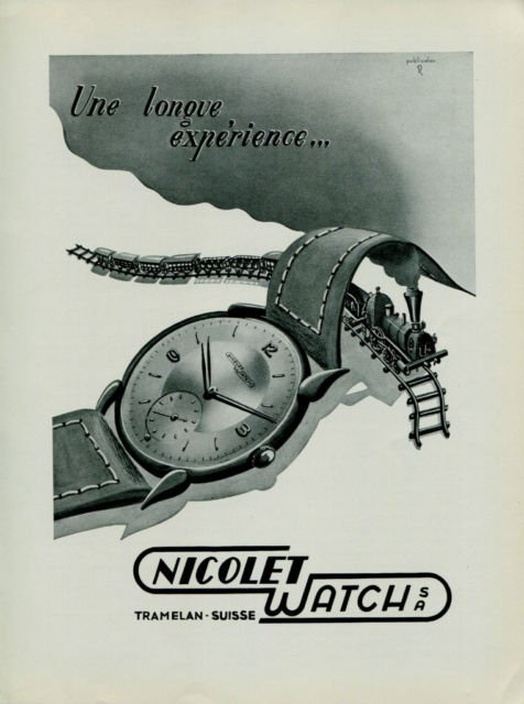 Nicolet Watch Company Vintage 1949 Swiss Ad Suisse Advert Horology Tramelan Switzerland