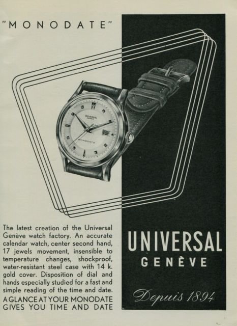 1950 Universal Geneve Watch Company Switzerland Vintage 1950 Swiss Ad Suisse Advert
