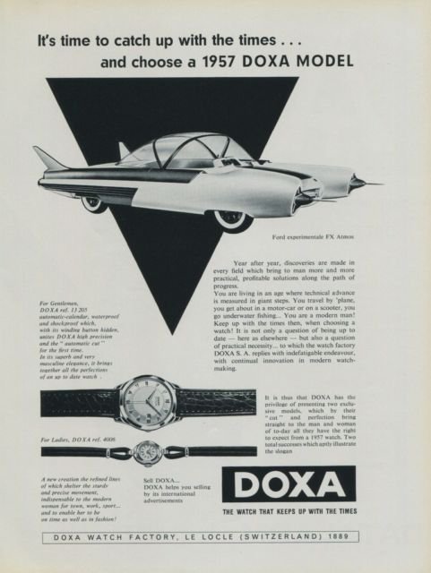 1956 Doxa Watch Company Ford FX Atmos Vintage 1956 Swiss Ad Suisse Advert