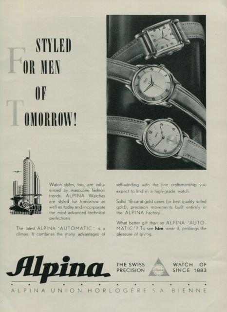 Alpina Watch Company Switzerland Original 1950 Swiss Ad Bienne Suisse