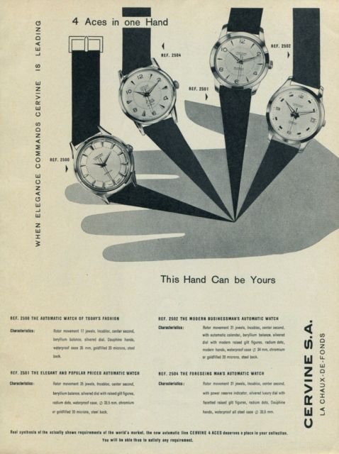 Cervine Watch Company Vintage 1956 Swiss Ad La Chaux-de-Fonds Switzerland Suisse Advert