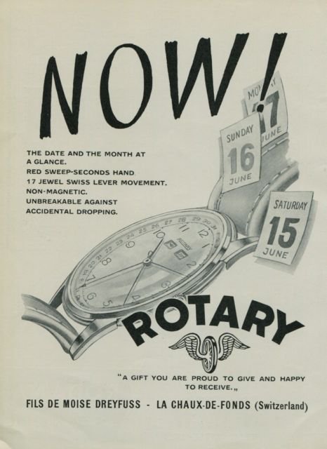 1950 Rotary Watch Company Switzerland Vintage 1950 Swiss Ad Suisse Advert