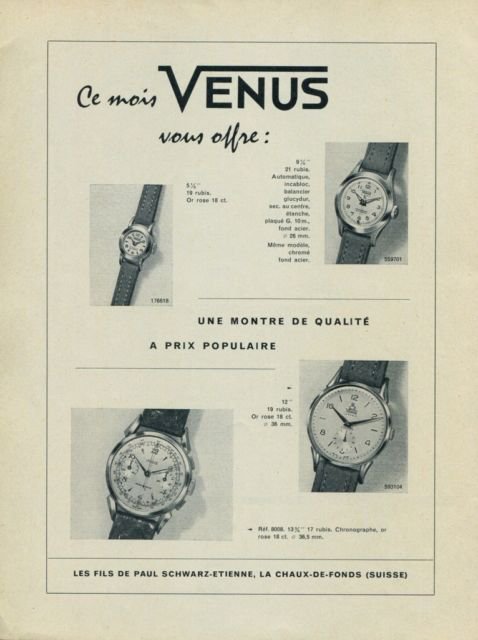 1956 Venus Watch Company La Chaux-de-Fonds Switzerland Vintage 1956 Swiss Ad Suisse Advert