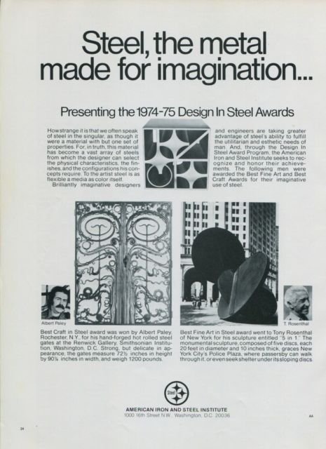 Albert Paley Tony Rosenthal Vintage 1975 Art Ad American Iron & Steel Institute