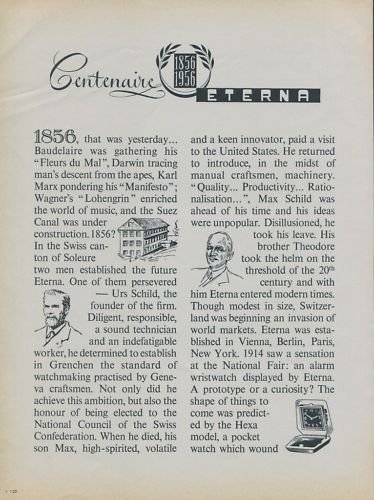 1956 Eterna Watch Company 100th Anniversary Vintage 1956 Swiss Ad Suisse Advert Switzerland