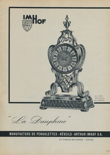 Arthur Imhof Clock Company La Dauphine Vintage 1957 Swiss Ad Suisse Advert Switzerland