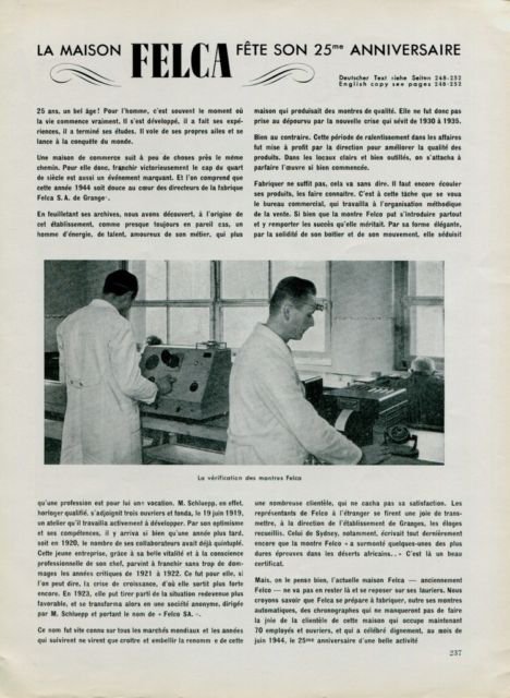 1944 Felca Watch Company 25th Anniversary Vintage 1944 Swiss Magazine Article Switzerland