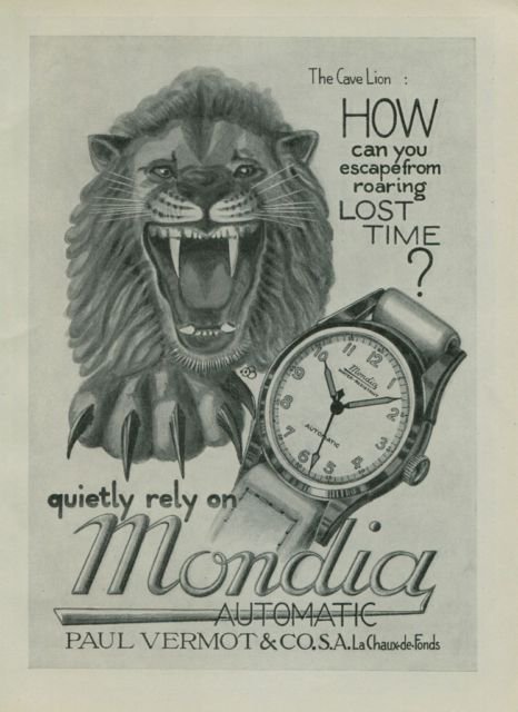 1950 Mondia Watch Company Cave Lion Vintage 1950 Swiss Ad Suisse Advert Horology Horlogerie
