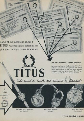 Titus Watch Company 1957 Swiss Ad Geneva Switzerland Geneve Suisse Advert
