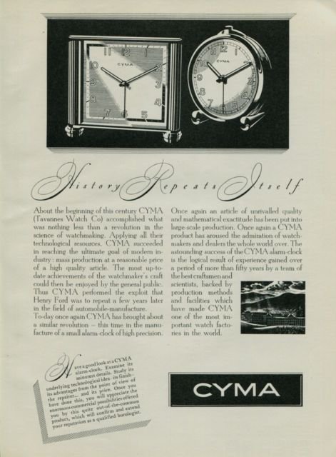 Cyma Clock Company 1950 Swiss Ad Tavannes Watch Company Switzerland Suisse Advert