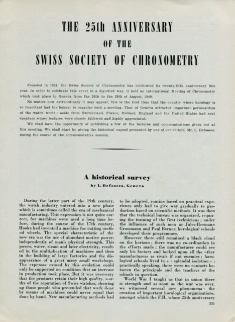 1949 25th Anniversary of Swiss Society of Chronometry 1949 Swiss Magazine Article by L. Defossez