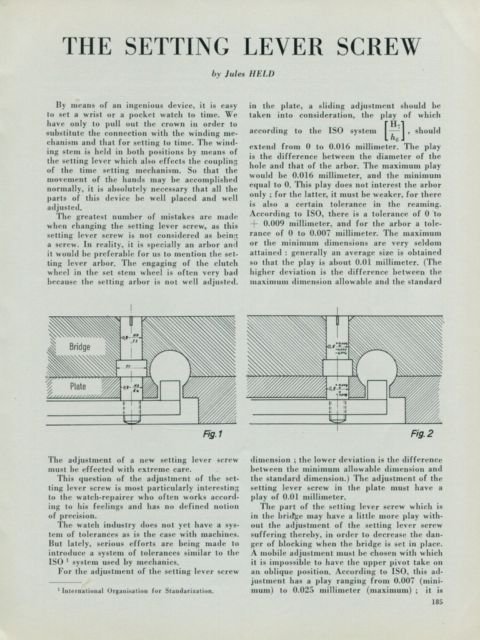 1949 The Setting Lever Screw by Jules Held Vintage 1949 Swiss Magazine Article Horology Suisse