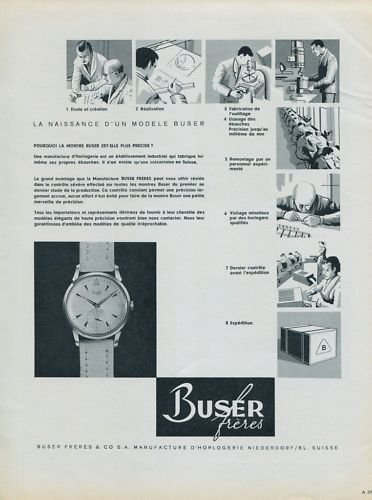 Buser Freres Watch Company 1956 Swiss Ad Suisse Advert Niederdorf, Switzerland