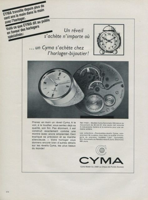 Cyma Watch Company Switzerland Sonomatic Vintage 1968 Swiss Ad Suisse Advert