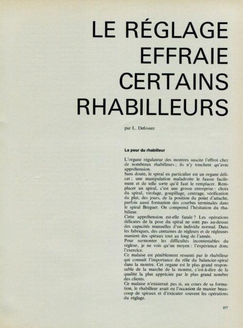 1965 Le Reglage Effraie Certains Rhabilleurs by L. Defossez 1965 Swiss Magazine Article Horology