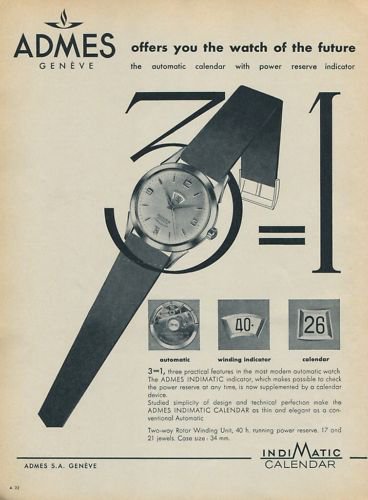 Admes Watch Company Indimatic 1957 Swiss Ad Geneva Switzerland Suisse Advert