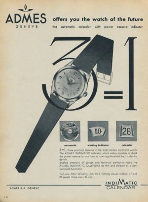 Admes Watch Company Indimatic 1957 Swiss Ad Geneva Switzerland