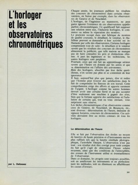 1965 L'Horloger et les Observatoires Chronometriques by L. Defossez 1965 Swiss Magazine Article