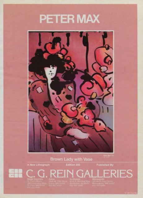 Peter Max Brown Lady with Vase Vintage 1982 Art Ad Advert Advertisement