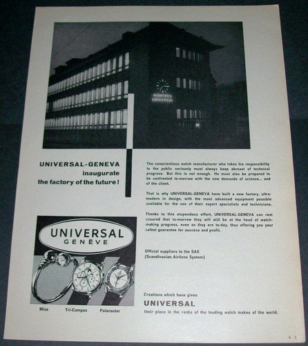 1956 Universal Geneve Watch Company Vintage 1956 Swiss Ad Suisse Advert Geneva Switzerland