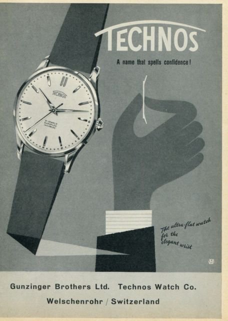1958 Technos Watch Company Vintage 1958 Swiss Ad Suisse Advert Gunzinger Brothers Switzerland
