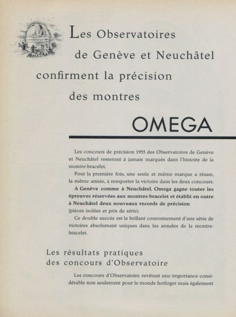 1956 Omega Watch Company Les Observatoires de Geneve et Neuchatel 1956 Swiss Ad Suisse Advert