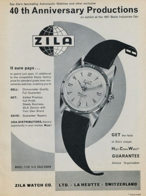 1957 Zila Watch Company 40th Anniversary Vintage 1957 Swiss Ad Suisse Advert Switzerland Horology