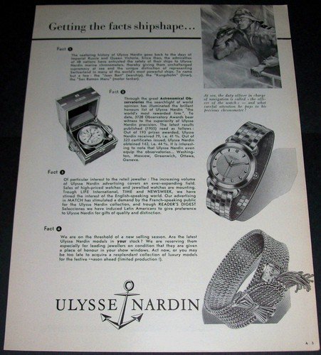 1956 Ulysse Nardin Watch Company Getting the Facts Ship Shape 1956 Swiss Ad Suisse Advert
