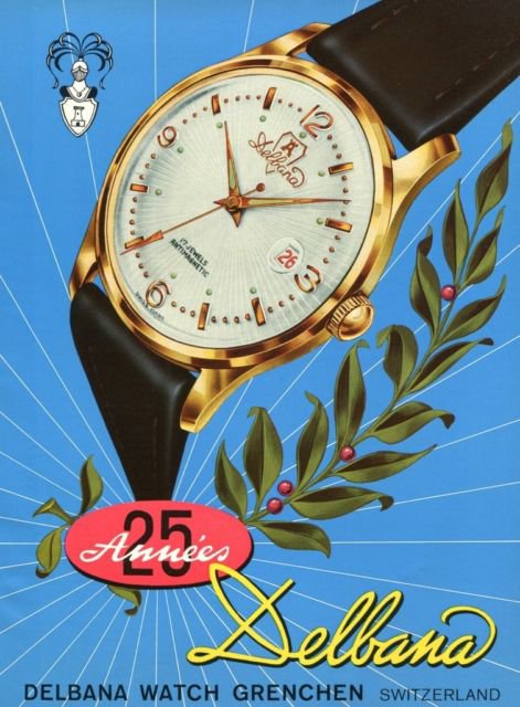 1957 Delbana Watch Company 25th Anniversary 1957 Swiss Ad Suisse Advert Switzerland