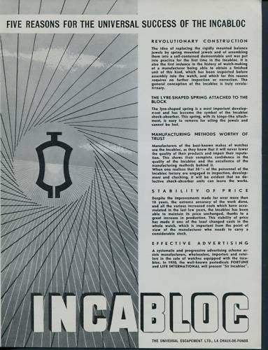 1950 Incabloc Universal Escapement Company Switzerland 1950 Swiss Ad Suisse Advert