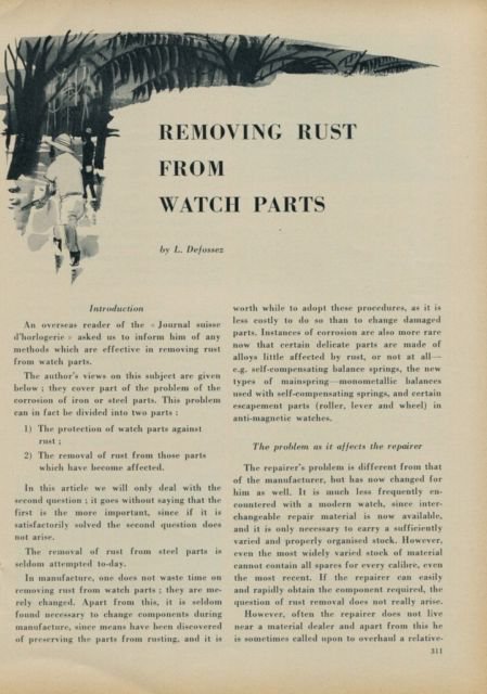 1953 Removing Rust from Watch Parts Vintage 1953 Swiss Magazine Article Horology Horlogerie