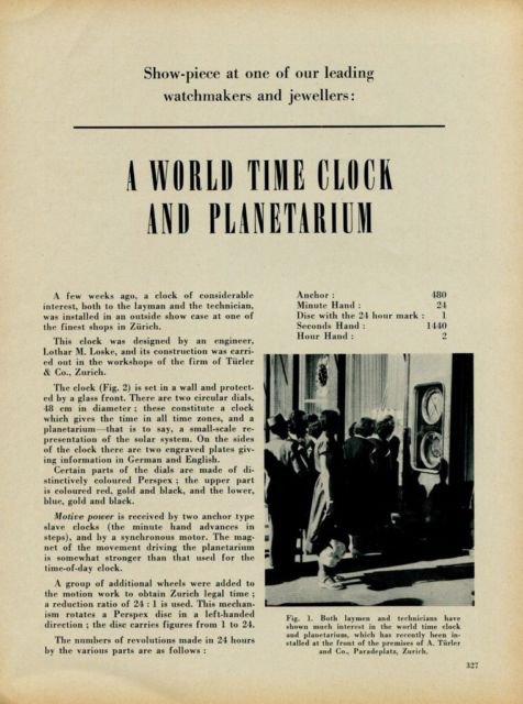1953 World Time Clock and Planetarium 1953 Swiss Magazine Article Lothar M Loske Turler