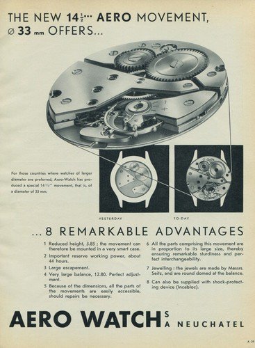 Aero Watch Company Vintage 1954 Swiss Ad Neuchatel Switzerland Suisse Advert