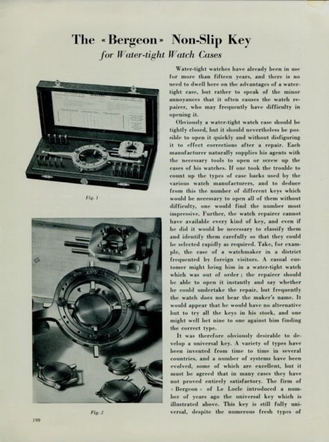 1951 Swiss Magazine Article on Bergeon Non-Slip Key for Watertight Watch Cases Horology
