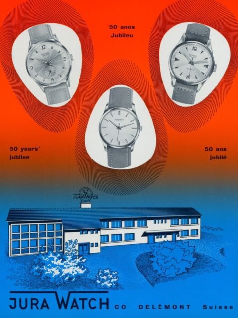 1959 Jura Watch Company 50 Year Anniversary Vintage 1959 Swiss Ad Suisse Advert