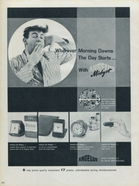 Angelus Clock Company Vintage 1960 Swiss Ad Suisse Advert Horlogerie
