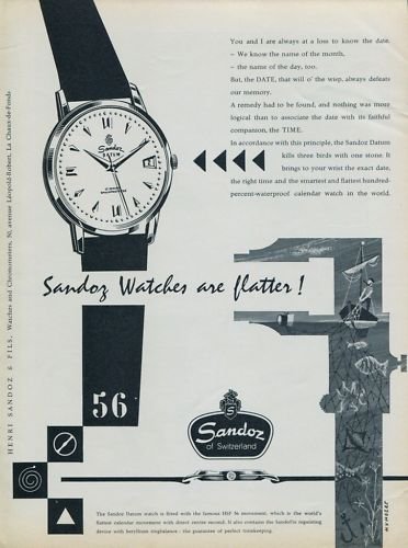 1956 Sandoz Watch Company Switzerland Sandoz Datum Advert Vintage 1956 Swiss Ad Suisse Advert