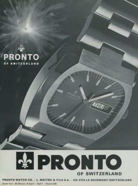 1974 Pronto Watch Company L Maitre & Fils Noirmont Switzerland Vintage 1974 Swiss Ad Suisse Advert