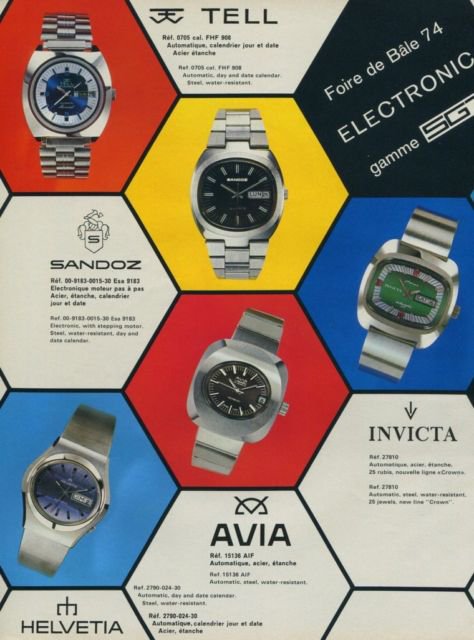 1974 SGT Watch Company Invicta Helvetia Sandoz Avia 1974 Swiss Ad Suisse Advert Switzerland
