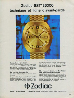 1970 Zodiac Watch Company Switzerland Zodiac SST 36000 Advert 1970 Swiss Ad Suisse Advert