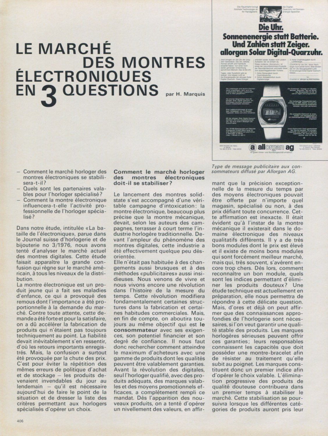 Le Marche des Montres Electroniques en 3 Questions 1976 Swiss Magazine Article by H. Marquis