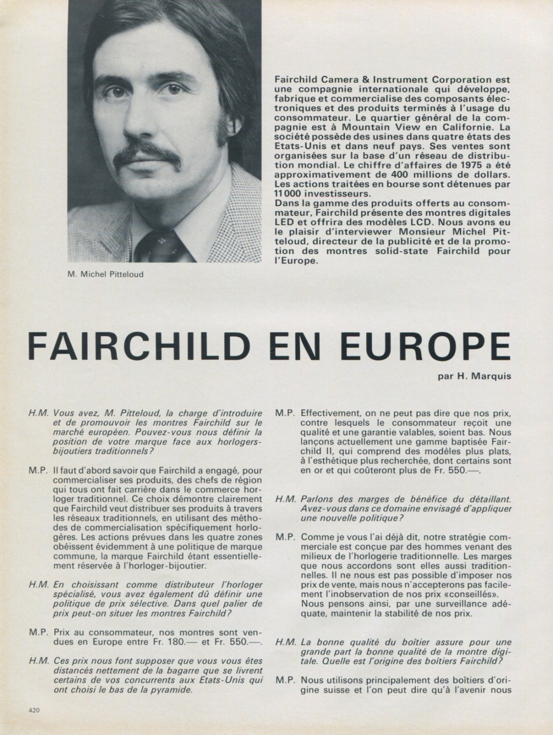 Fairchild Watch Company Michel Pitteloud Interview Vintage 1976 Swiss Magazine Article by H. Marquis