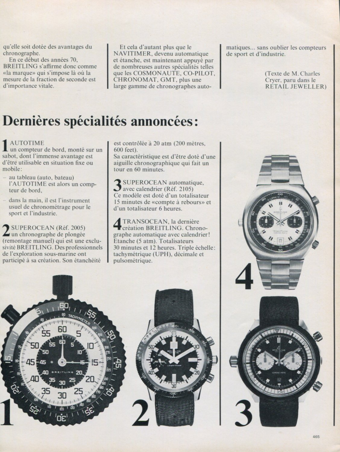 Breitling Watch Company Vintage 1973 Swiss Ad Suisse Advert SuperOcean AutoTime