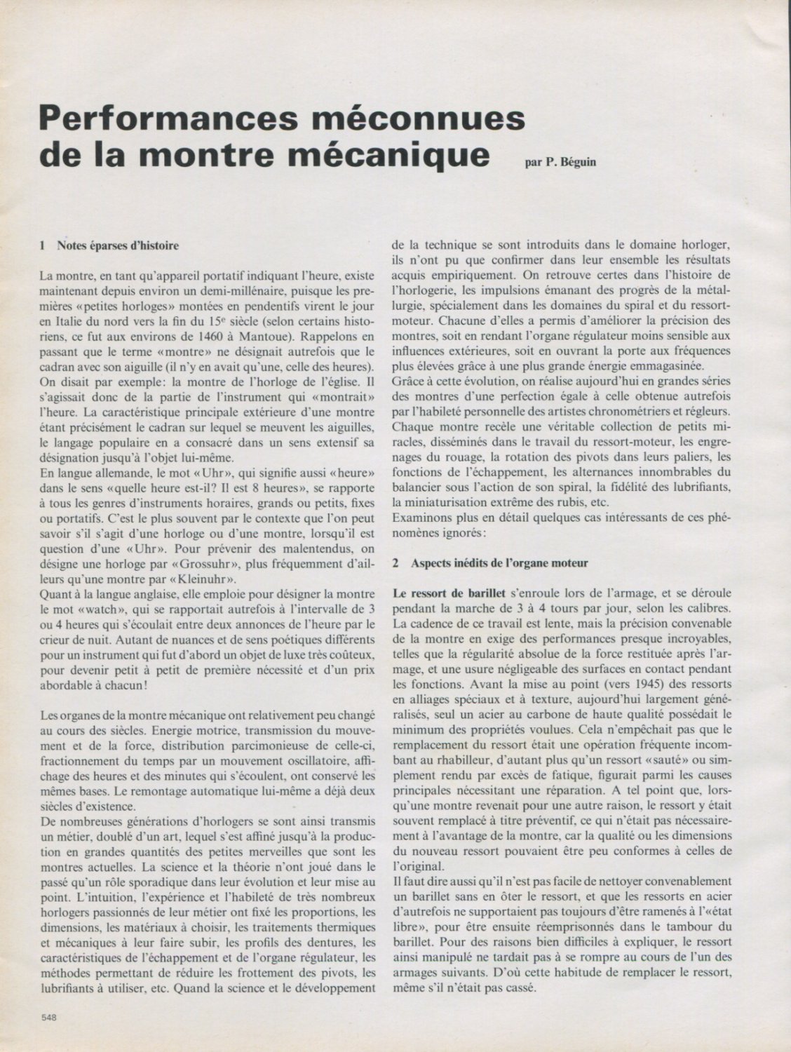 1973 Performances Meconnues de la Montre Mecanique by P. Beguin 1973 Swiss Magazine Article