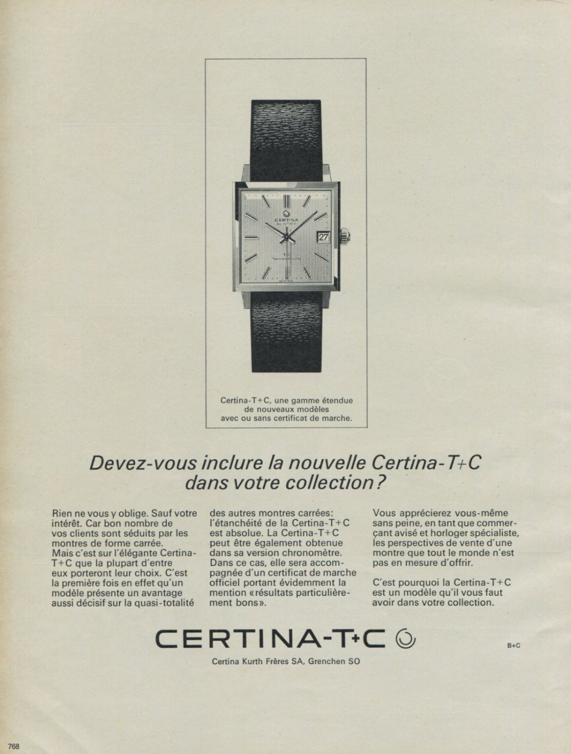 Certina Watch Company Kurth Freres SA Vintage 1965 Swiss Ad Suisse Advert