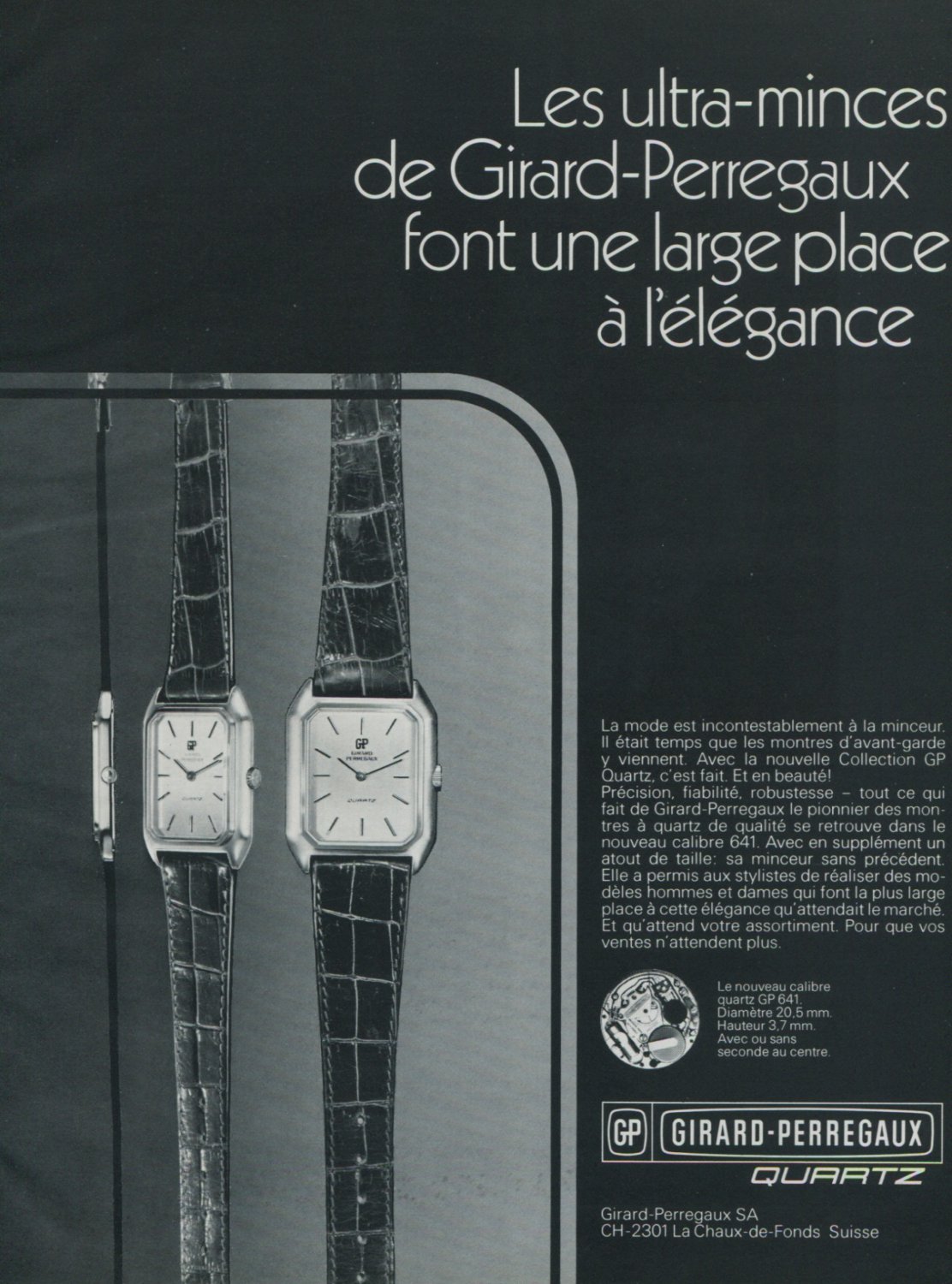 Girard-Perregaux Watch Company Vintage 1977 Swiss Ad Suisse Horlogerie Advert